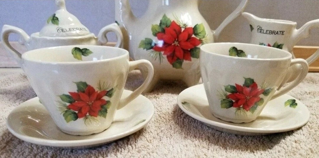 Lily Creek Christmas Garden Poinsettias 9-Pc Porcelain Tea Set w/Box
