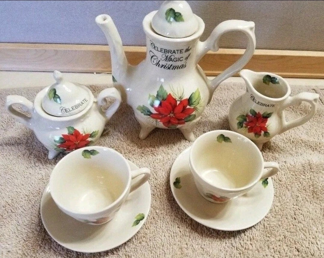 Lily Creek Christmas Garden Poinsettias 9-Pc Porcelain Tea Set w/Box