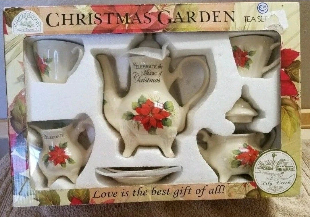Lily Creek Christmas Garden Poinsettias 9-Pc Porcelain Tea Set w/Box